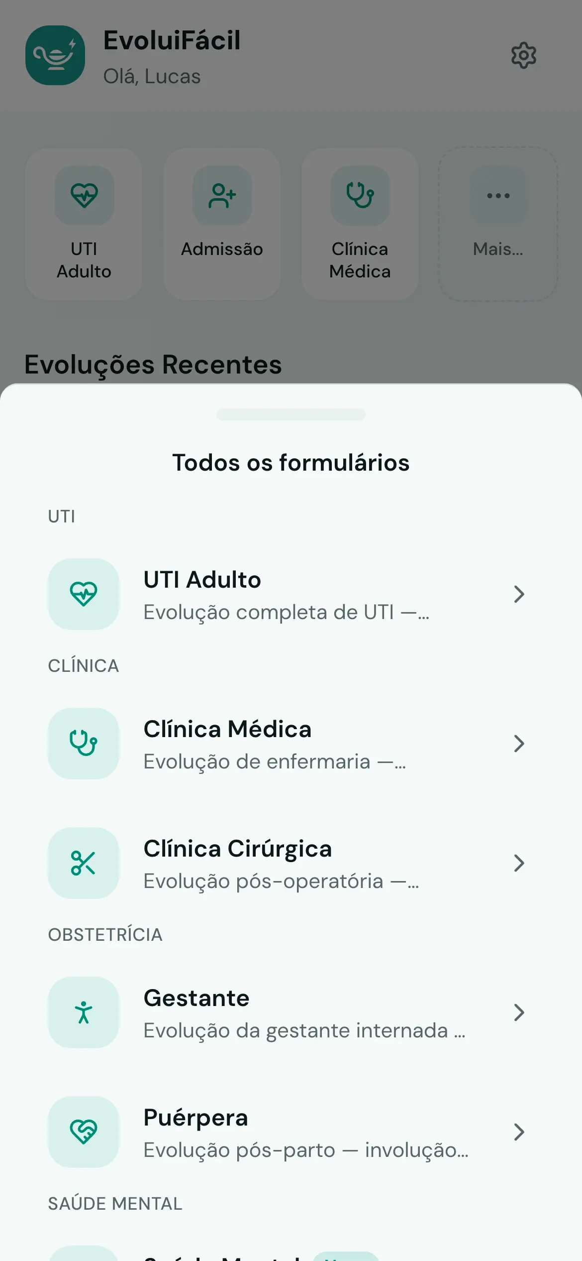 Tela de seleção de templates mostrando opções: UTI Adulto, Admissão, Clínica Médica, Clínica Cirúrgica, Gestante, Puérpera, Saúde Mental, Evolução RN, Transferência, Nefrologia